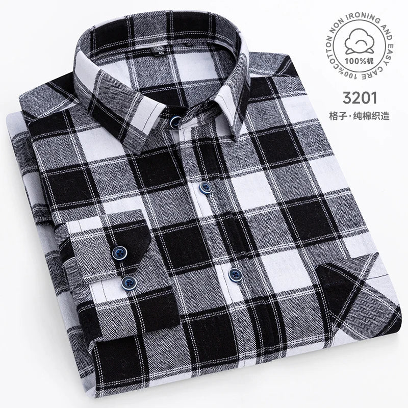 Men Fashion Long Sleeve Brushed Flannel Shirt Single Pocket Comfortable 100% Cotton Casual Slim Fit Button-down Plaid Shirts 8XL