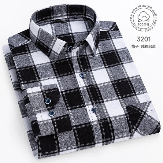 Men Fashion Long Sleeve Brushed Flannel Shirt Single Pocket Comfortable 100% Cotton Casual Slim Fit Button-down Plaid Shirts 8XL