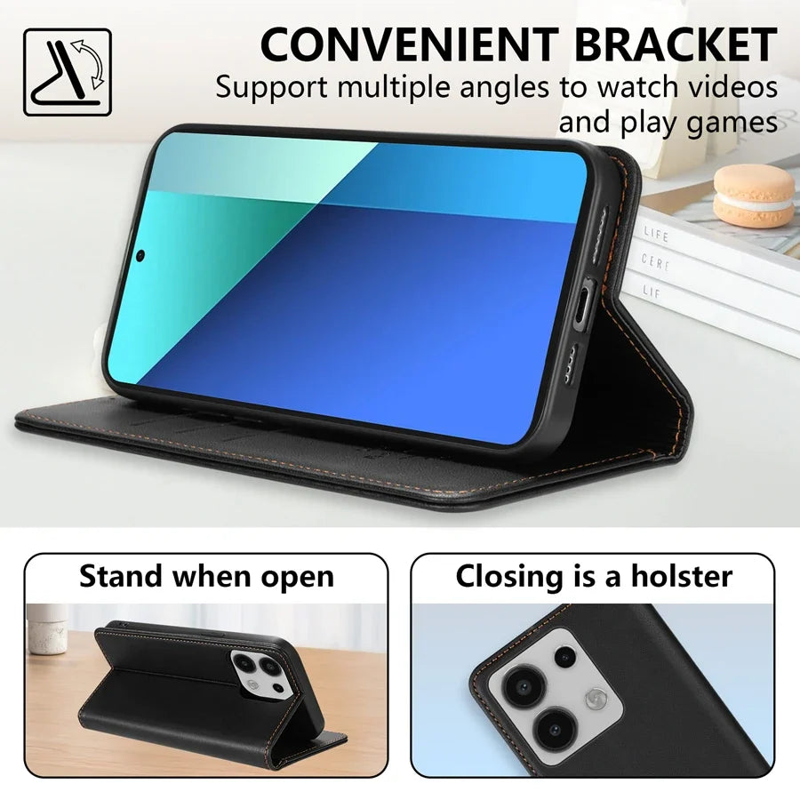 Wallet Skin friendly Magnetic Card Slot Flip Leather Case For Xiaomi 14T 13T 11T Poco X6 C65 C75 Redmi 14C 13C 13 12C 10C 9A 9C
