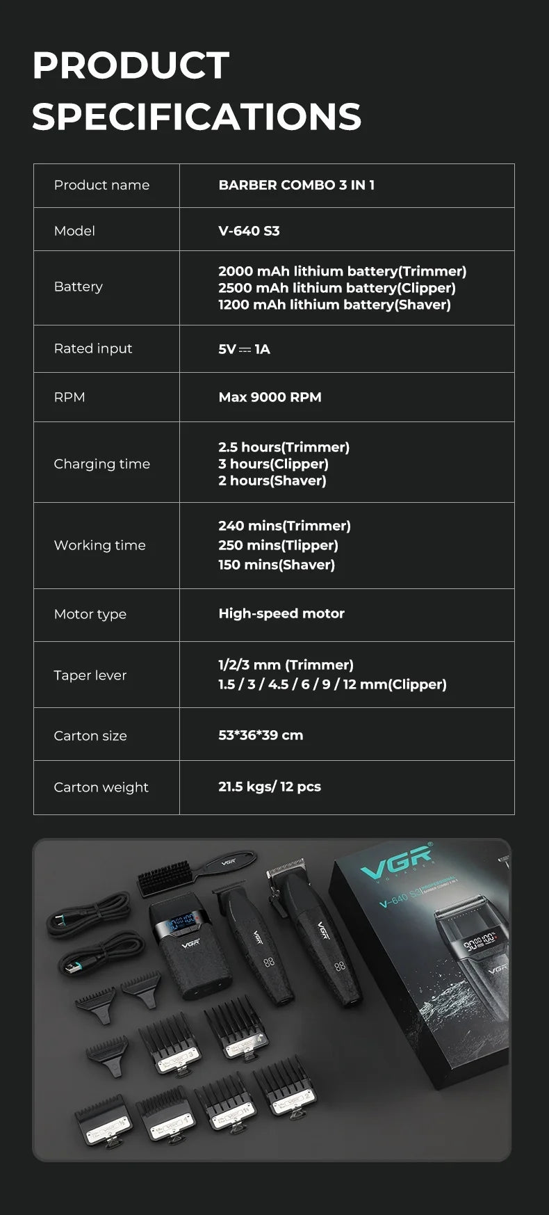 VGR Hair Clippers Professional 9000RPM Hair Cutting Machine Rechargeable Beard Trimmer Charging Base Hair Clippers men V-640 S3