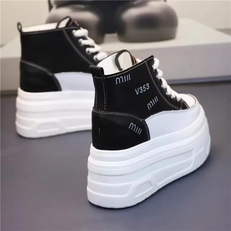 High Top Fashion Sneakers White Chunky Platform Wedge Shoes 12cm 14cm Height Increased Woman Sports Casual Shoe Tennis Female