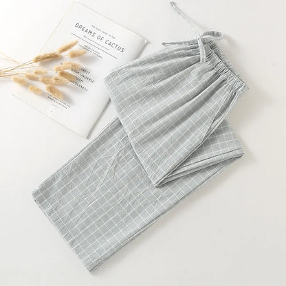 Plus Size Japanese Minimalist Checked Women Pajamas Trousers Women Soft Home Pants Loose Casual Pants Elastic Waist Home Pants