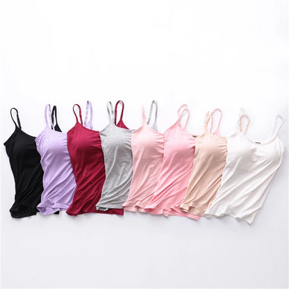 Camisola sexy con sujetador acolchado sólido y tirantes finos para mujer, camiseta sin mangas con sujetador incorporado, 2024