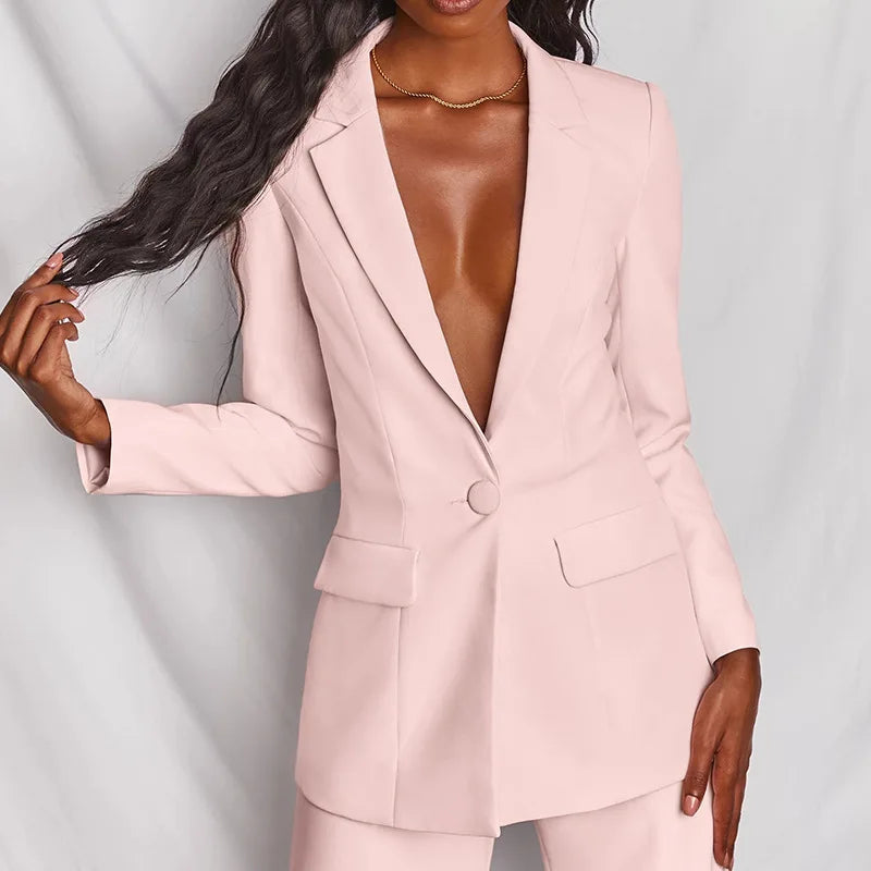 Blazer de color liso para mujer, traje elegante, pantalones rectos ajustados, conjunto de 2 piezas para oficina, otoño e invierno