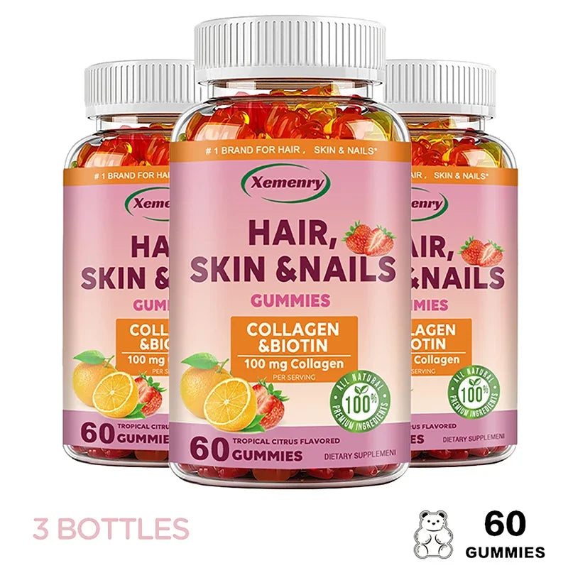 Hair, Skin & Nails Gummy Vitamins - Contains Biotin, Collagen - Promotes Hair Growth, Nourishes Skin, Strengthens NailsSupplemen