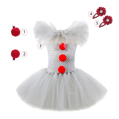 Halloween Costume For Kids Gray Girls Tutu Dress Kids Cosplay Scary Clown Costume Carnival Masquerade Party Dress Up 3-12Y