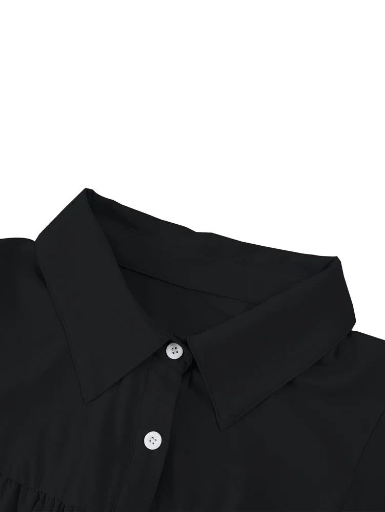 Plus size feminino frente aberta botão lanterna manga camisa casual cor sólida peplum colarinho camisa roupas femininas
