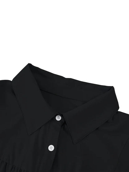 Plus size feminino frente aberta botão lanterna manga camisa casual cor sólida peplum colarinho camisa roupas femininas