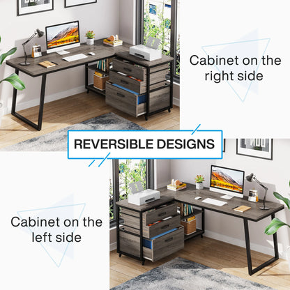 Tribesigns L-Shaped Computer Desk with 3 Drawers, Reversible Corner Home Office Desk with Shelves, 53-Inch Industrial PC Desk St