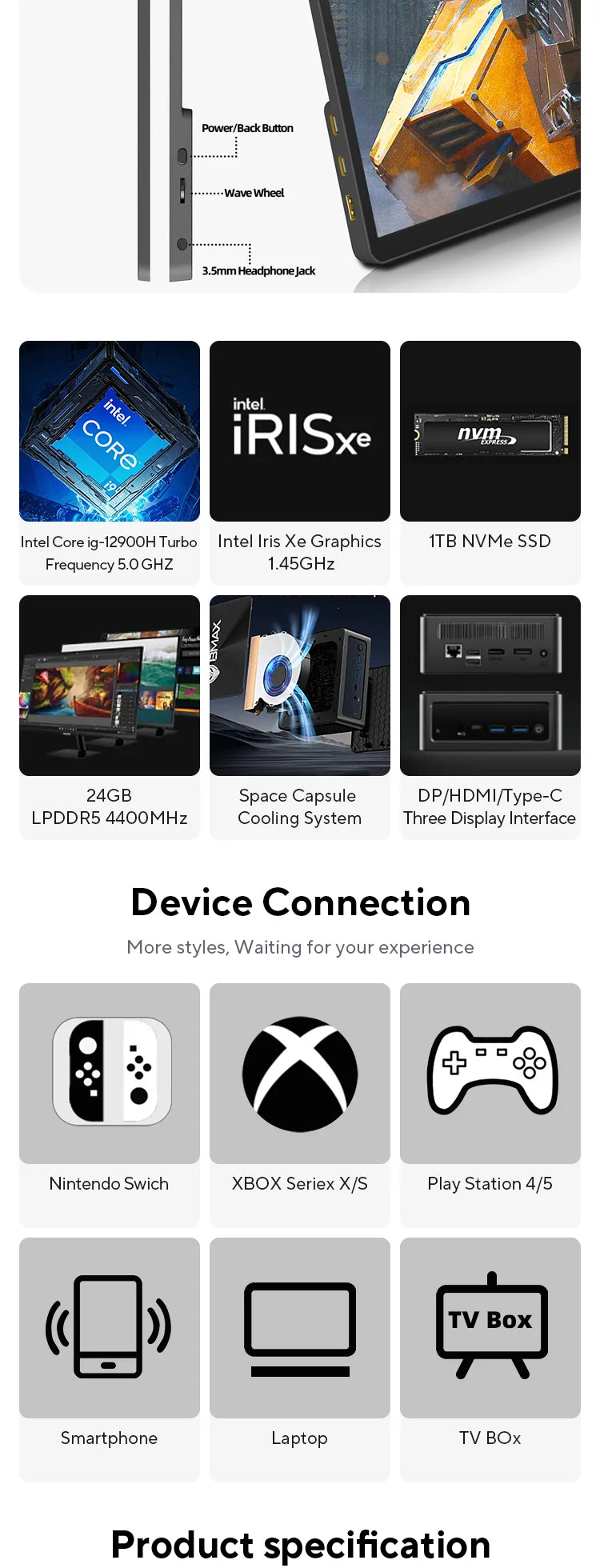 ZSUS 2160*1440  14-inch 2K Portable Monitor 60HZ For Laptop XBox PS4 / 5 Switch TV Box Cell Phone PC Extension  Mobile