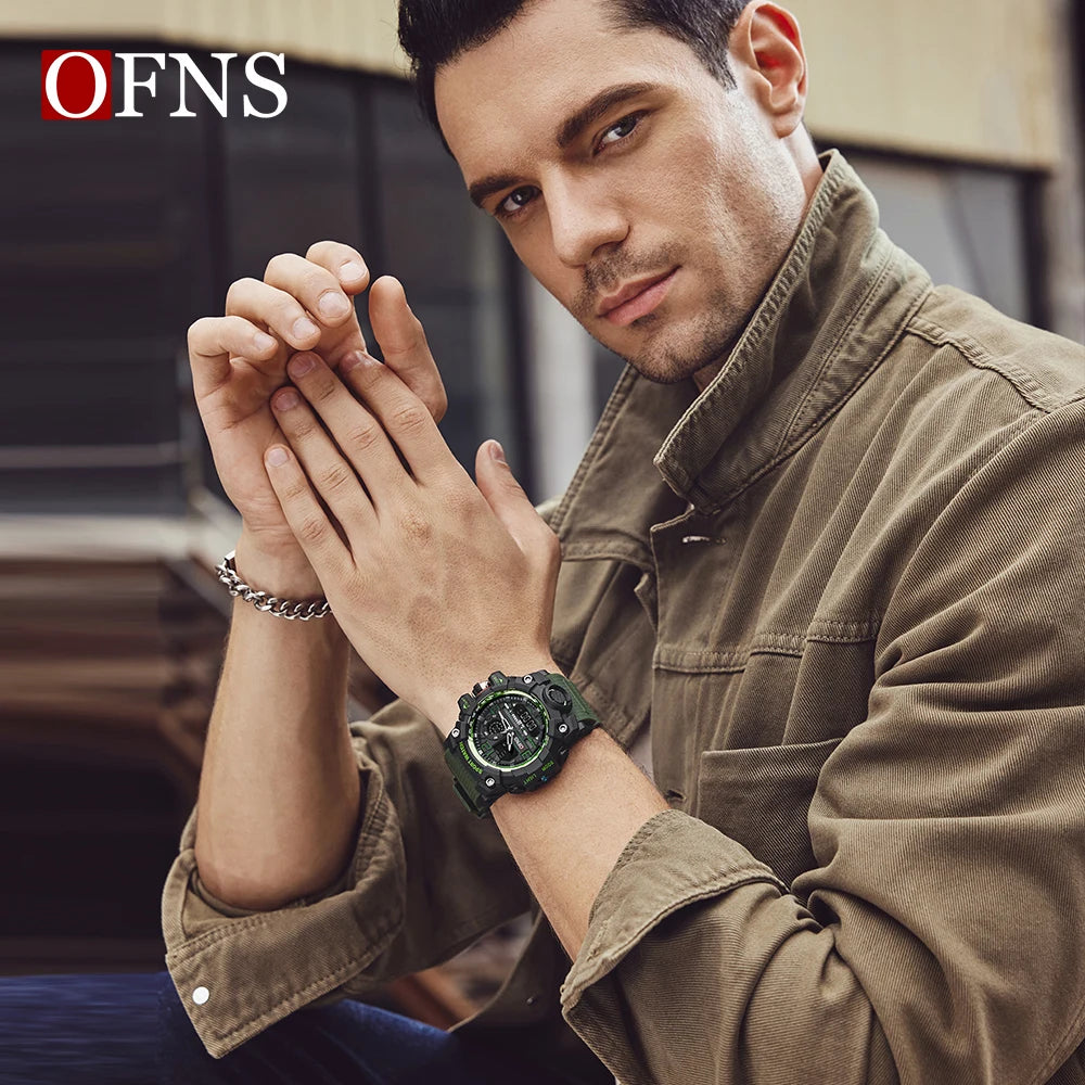 OFNS - Reloj de lujo estilo G para hombre, resistente al agua hasta 50 m, multifunción, deportivo, militar, de cuarzo, con LED digital