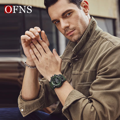 OFNS - Reloj de lujo estilo G para hombre, resistente al agua hasta 50 m, multifunción, deportivo, militar, de cuarzo, con LED digital