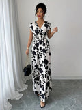 Ladies' elegant black and white floral print V-neck elastic drawstring waist cinching A-line vacation dress