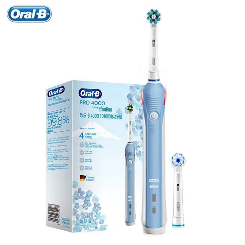 Oral B Electric Toothbrush Pro 4000 3D Action Daily Clean Teeth Visible Pressure Sensor 4 Modes Gum Cares Waterproof Rechargeabl