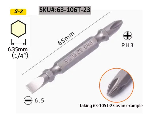 Stanley-Long Precision Screwdriver Bits, Shockproof, Phillips, Slotted, PH2, Drill Bits, 1/4 bit, HRC60, ± 2 S2, 110mm, 65mm