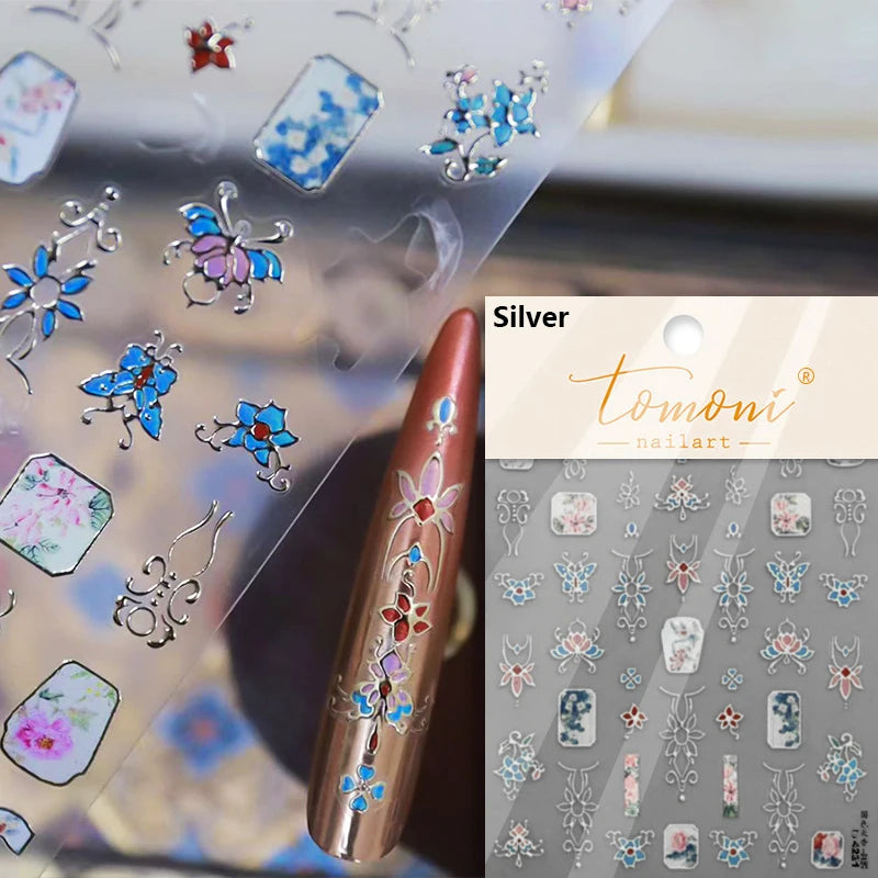 Flash Dreamy Chinese Flower Window Butterfly Glazed Rococo Geometric Frame Stamp Embossed Relief Nail Art Sticker Manicure Decal