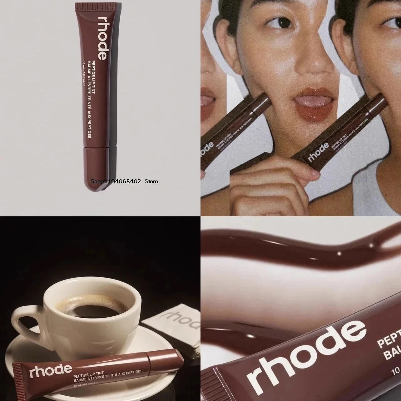 Estuche para iPhone con rubor en crema, colorete en barra, brillo labial, colorete en barra, color tostado, SALTY TAN, lápiz labial frambuesa y espresso.