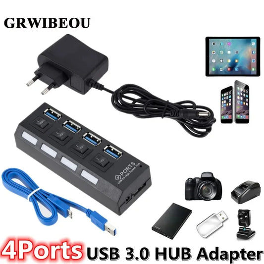 GRWIBEOU High Speed ​​USB HUB 3.0 5Gbps USB 3.0 4 Ports HUB Newest Compact Lightweight Portable Adapter Hub with Power Supply