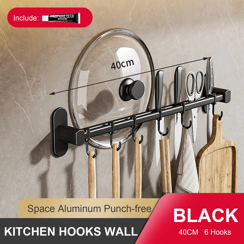 Wall Mounted Kitchen Hook Rack No-Punching Wall Hangers Rail Kitchen Utensils Rack Spoon Shovel Chopping Board Storage Rack