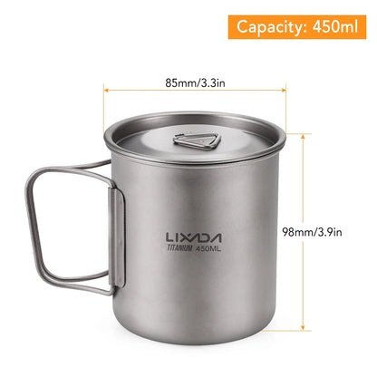 Taza de agua ultraligera de titanio Lixada con asa plegable, portátil para exteriores, camping, picnic, 300 ml/350 ml/550 ml/650 ml