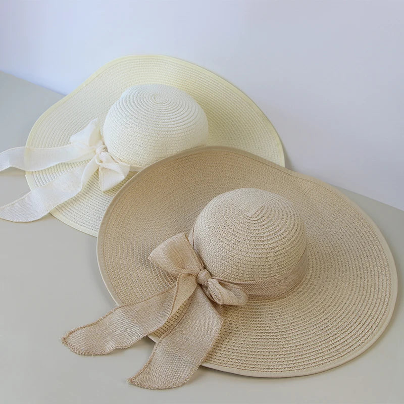 Summer Women's Straw Hat Bowknot Wide Brim Floppy Panama Hats Female Lady Outdoor Foldable Beach Sun Cap