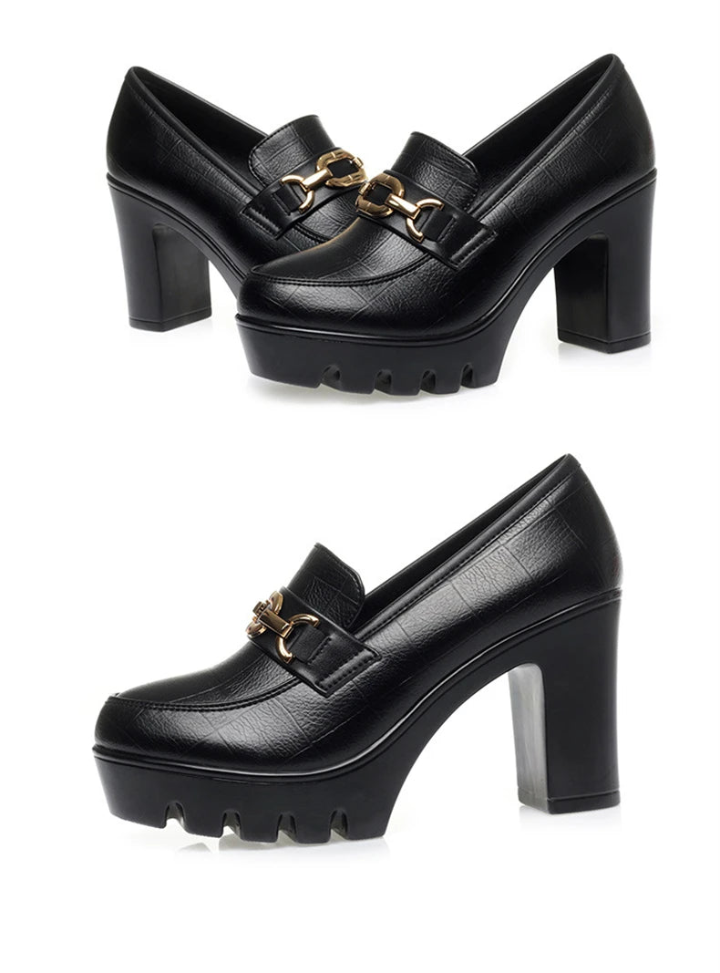 Zapato de piel suave negro para mujer, tacón de bloque 2024, plataforma gruesa, modelo oficina, trabajo, tacones altos de 6,5 cm y 8 cm, Grace