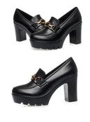 Soft Leather Black Shoe Woman Block Pumps 2024 Thick Bottom Platform Shoes Model Office Work 6.5 cm 8 cm High Heels Grace