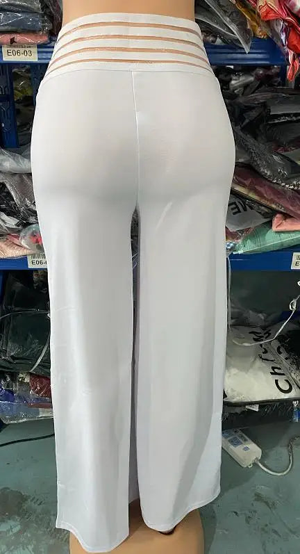 Fashion Office Ladies Trousers Elegant Crisscross Sheer Mesh Patch Casual High Waist Flared Pants for Women Clothes 2023 Summer