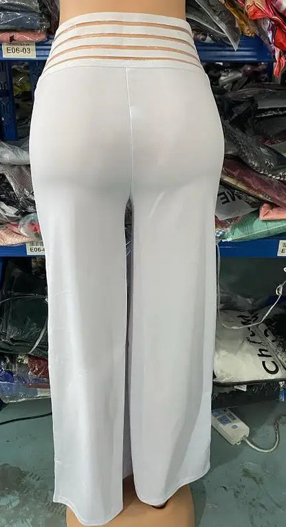 Fashion Office Ladies Trousers Elegant Crisscross Sheer Mesh Patch Casual High Waist Flared Pants for Women Clothes 2023 Summer