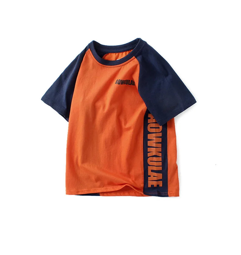 2022 Summer Korean Style Children T-Shirts Fashion Splicing Letter Design Kids Short Sleeve Tops Pure Cotton Children's Clothes