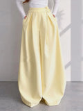 Solid Yellow Pant 2 Piece Set Women's Full Sleeves Buttons Waist-cinching Coats Wide-leg Trousers 2026 New Ladies Autumn Outfit