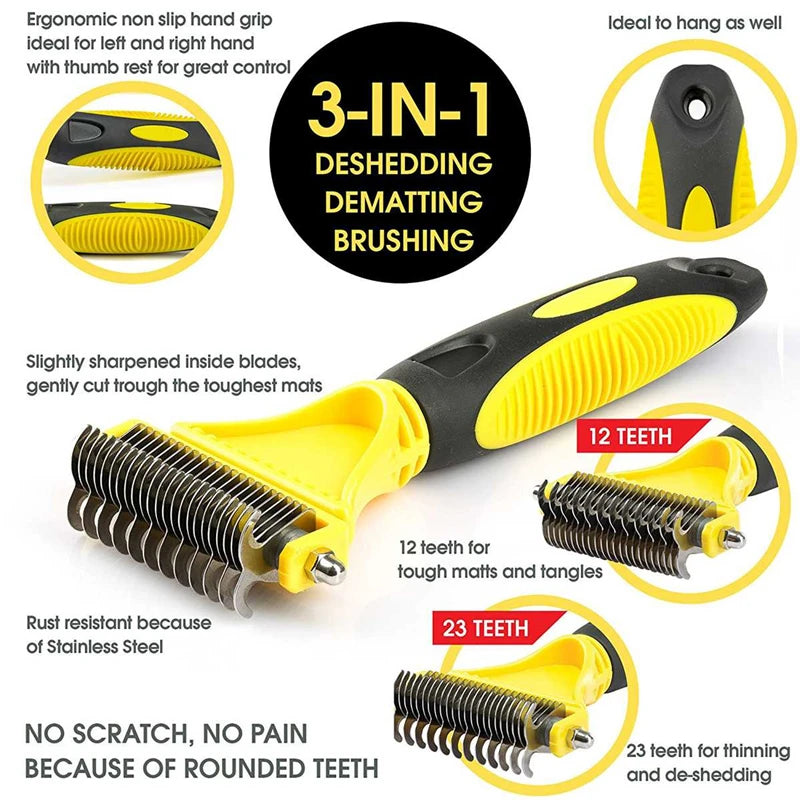 Cepillo de aseo de acero inoxidable para mascotas, de dos caras, para quitar el pelo suelto y desenredar la capa interna, peine rastrillo para perros y gatos, elimina nudos y enredos fácilmente.