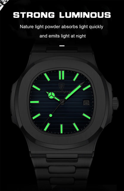 POEDAGAR Square Luxury Men Wristwatch Waterproof Luminous Date Stainless Steel Male Clock Business Sports Quartz Watches For Men