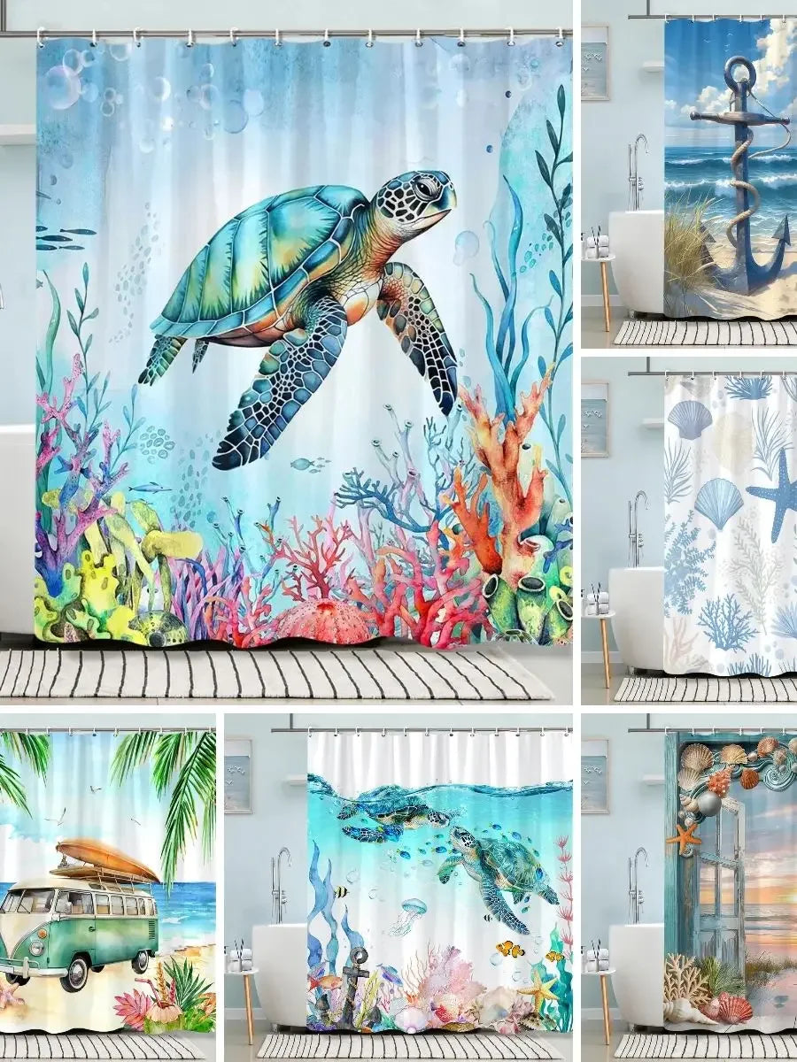 Turtle Shower Curtain Summer Beach Anchor Nautical Starfish Watercolour Art Creative Polyester Shower Curtains Bathroom Decor
