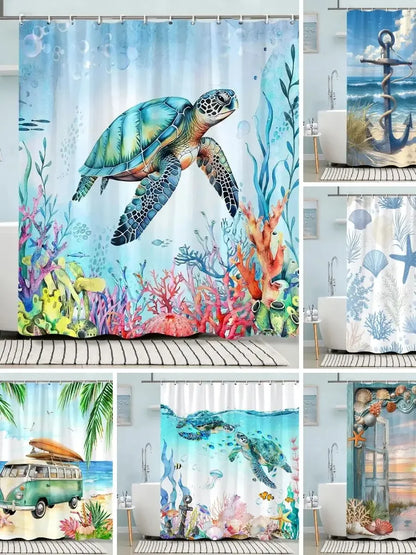 Turtle Shower Curtain Summer Beach Anchor Nautical Starfish Watercolour Art Creative Polyester Shower Curtains Bathroom Decor