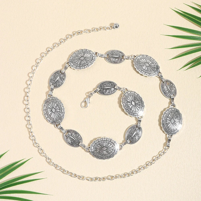 1/2pcs Retro Style WOMEN'S Metal Waist Chain Accessories Decorative Circle Carved Chain Belt High Style Accessories