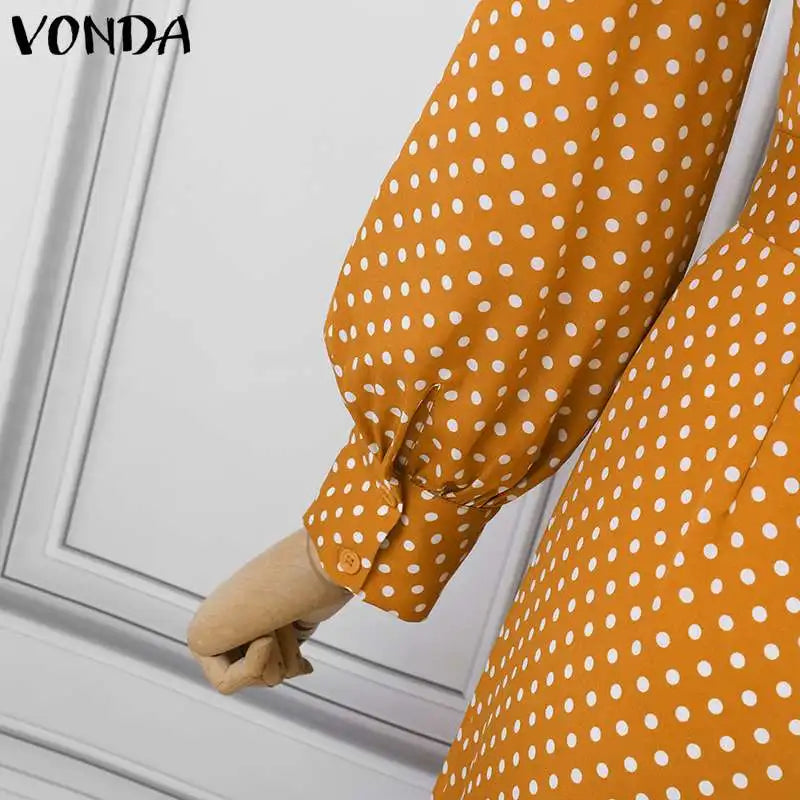 Plus Size 5XL VONDA Elegant Jumpsuist Women 2024 Autumn Polka Dot Rompers Long Lantern Sleeve Casual Long Overalls Playsuits