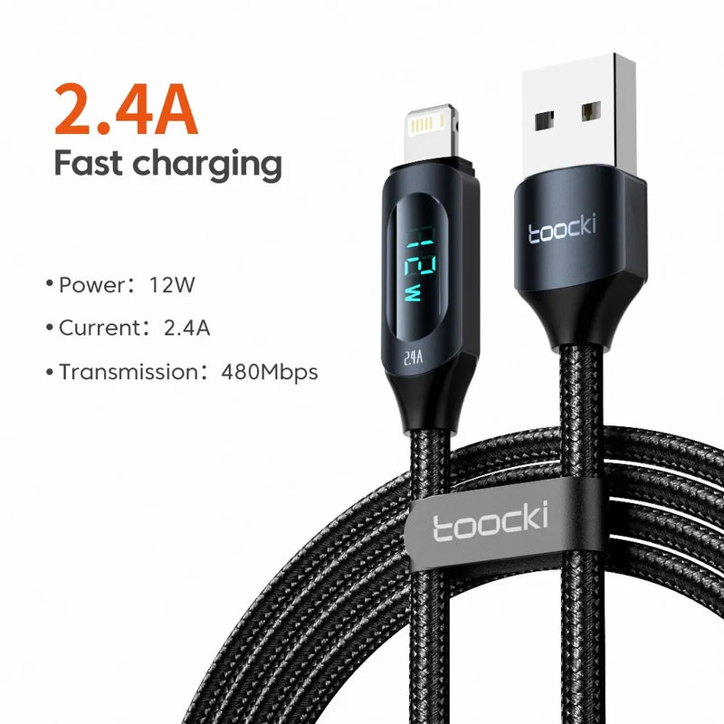 Toocki LED Display USB Cable For iPhone 14 13 12 11 Pro Max Fast Charger Charging Lightning 2.4A USB Wire Cord X XR 8 7 1m 2m