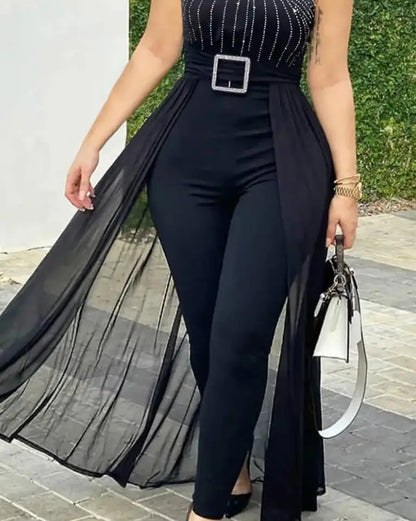 Mono de mujer 2024 verano sencillo sin mangas cuello redondo diamantes de imitación moda sexy malla transparente mono informal para uso diario
