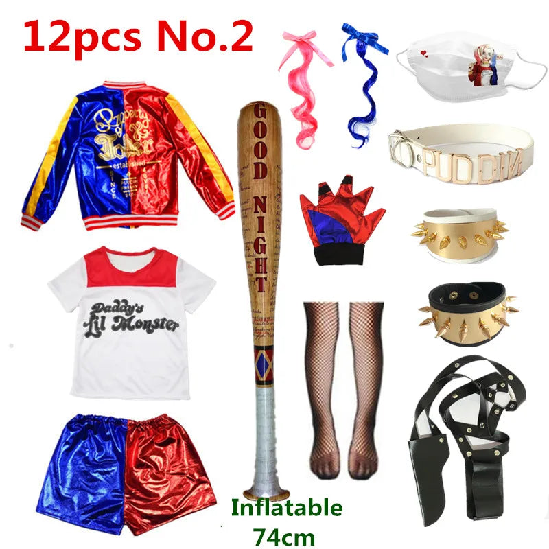 Harley Quinn Cosplay Suicide Squad Harleen Quinzel Kids Girls T-Shirt Joker Jacket Halloween Costume