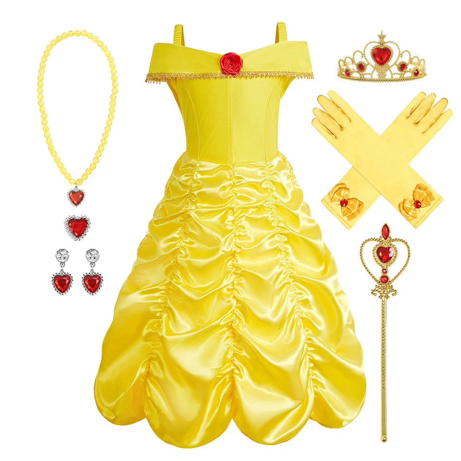 Children Princess Costume Kids Halloween Carnival Beauty Beast Birthday Party Clothes Girl Yellow Belle Cosplay Dress Up