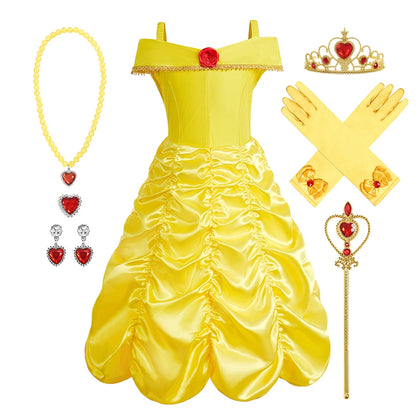 Children Princess Costume Kids Halloween Carnival Beauty Beast Birthday Party Clothes Girl Yellow Belle Cosplay Dress Up