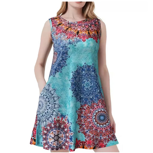 2025 Summer Women Dresses Casual Beach Sleeveless Vintage Floral Print Pockets Dress Tank Sundress Loose Plus Size Clothing 9XL