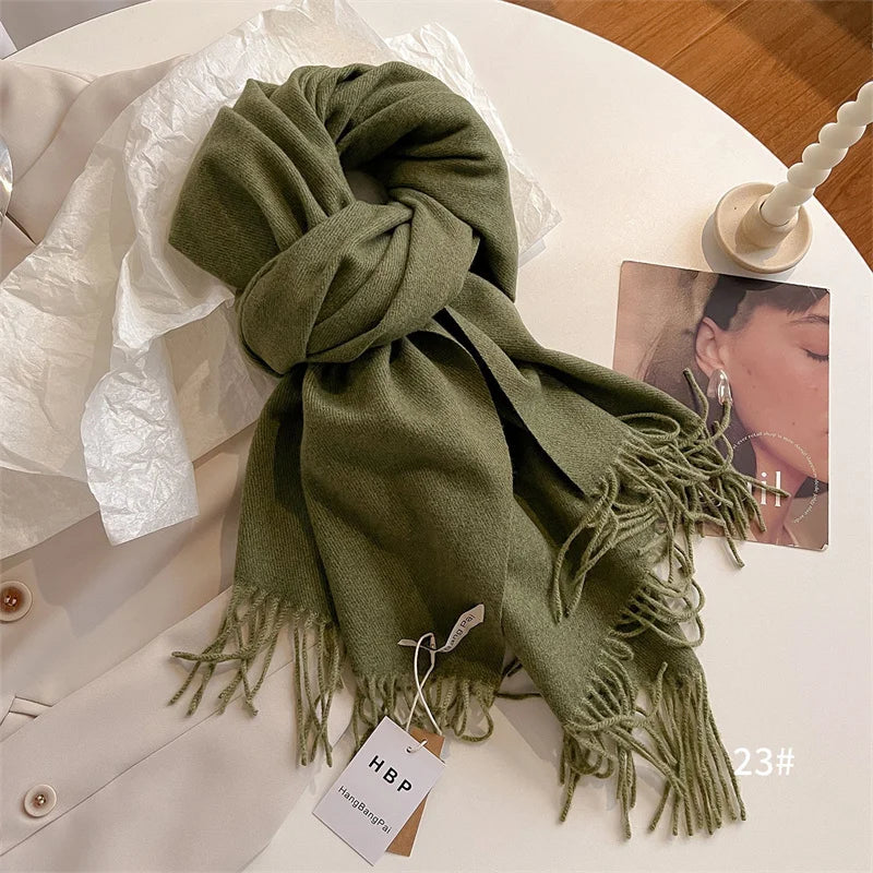 New Winer Warm Cashmere Scarf for Women Fashion Solid Thick Blanket Pashmina Shawl Wrap Female Bufanda Echarpe Foulard 2024