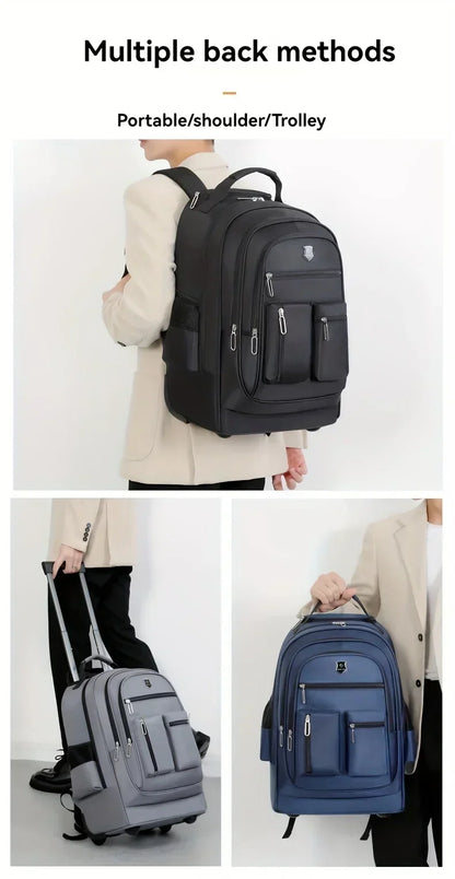 Large Capacity Travel Backpack With Wheels, Multi Layer Trolley Luggage Bag, Multifunctional Weekender Overnight Bag Rucksack