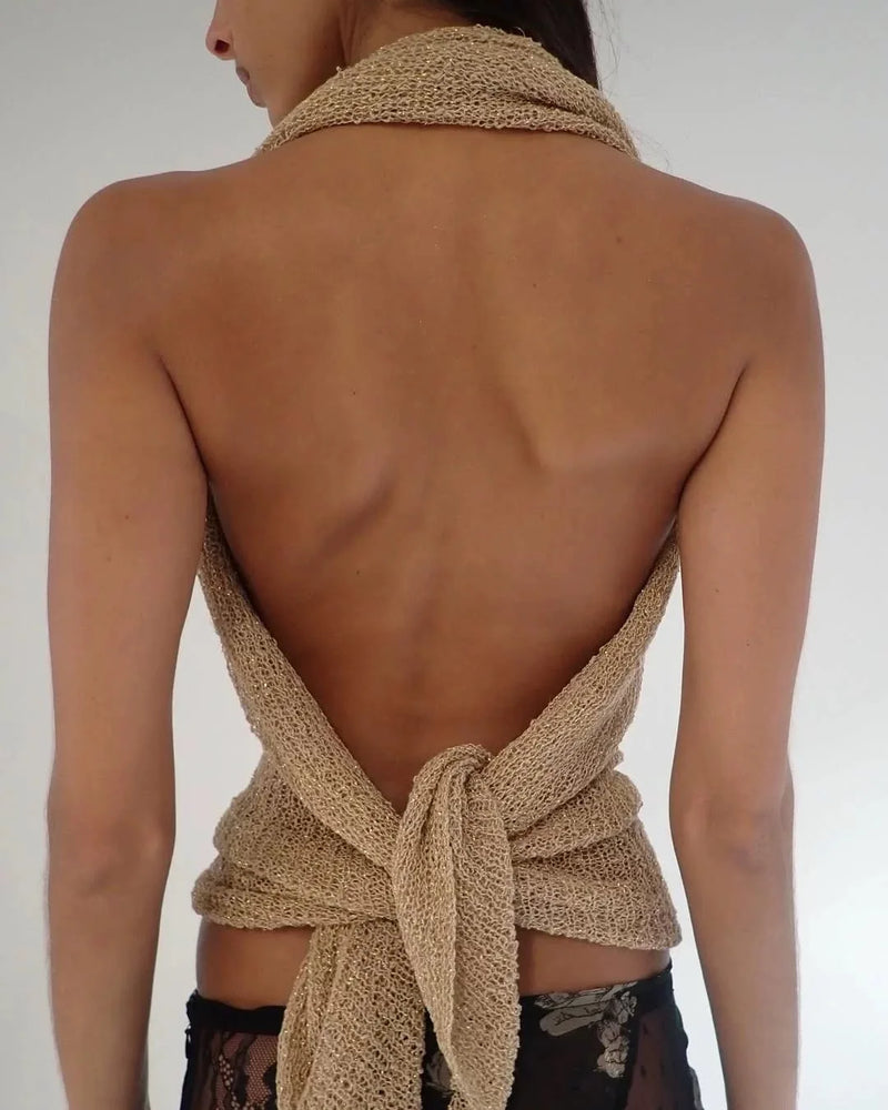 Jaded London gold knit hollowed-out one-piece top halter shawl multi-wear holiday style halter