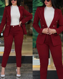 Conjunto de 2 piezas de ropa de oficina para mujer, chaqueta blazer de manga larga y pantalones pitillo de cintura alta, color liso