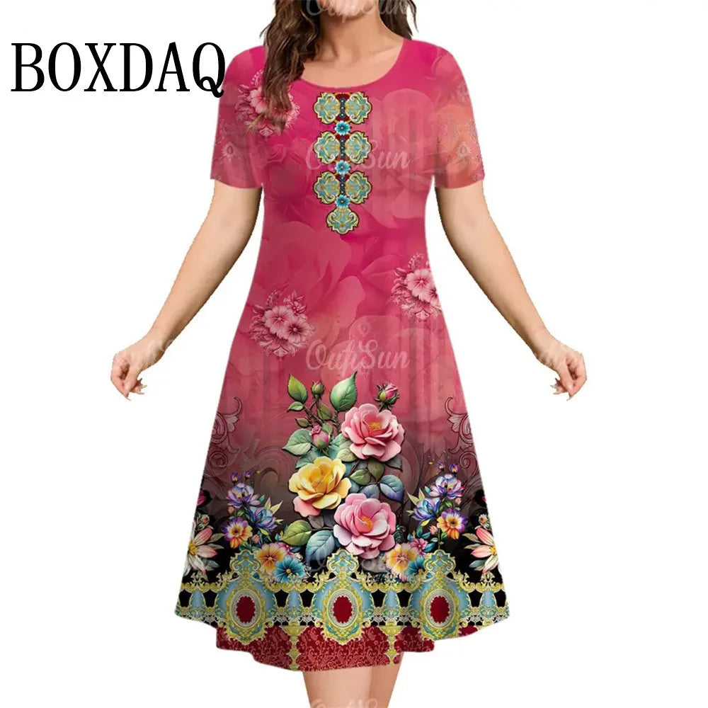 Summer Women Dresses Ethnic Fashion Plus Size Dresses Short Sleeve Elegant Loose Retro Ladies Dresses Casual 3D Printed Clothing