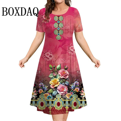 Summer Women Dresses Ethnic Fashion Plus Size Dresses Short Sleeve Elegant Loose Retro Ladies Dresses Casual 3D Printed Clothing