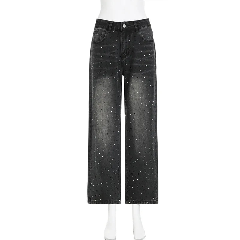 BKQU - Pantalones vaqueros rectos y holgados para mujer, cintura alta, pierna ancha, con diamantes de imitación, largos, moda urbana 2021, pantalones brillantes con diamantes